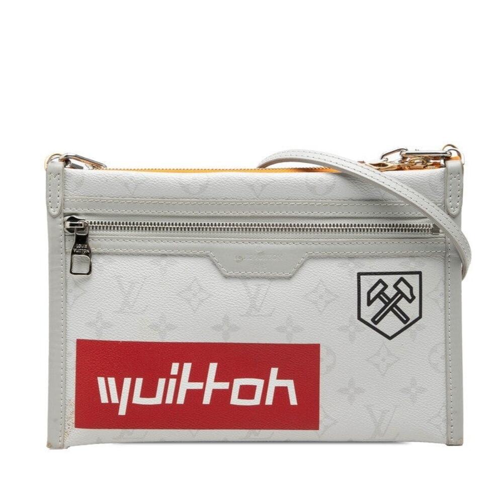 Louis Vuitton Monogram Flat Messenger Chain Shoulder Bag Light Gray